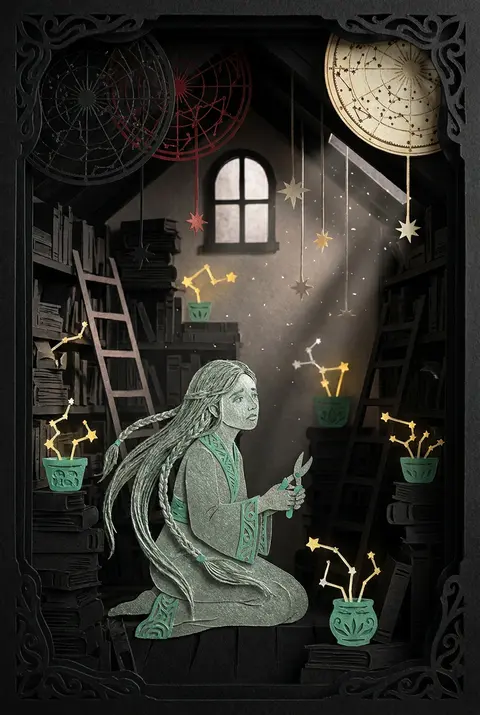 A wistful celestial gardener with silver-green skin and comet-thread braids knee - AI生成图片 3