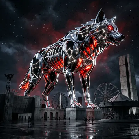 A colossal wolf forged from star-map constellations towers over a midnight carni - AI生成图片 3