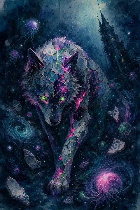 幽深海沟最底部，一只由星群拼接而成的狼缓缓浮现，躯体像碎裂瓷器重新烧制出的神秘遗物，裂纹间透出刺眼的酸性霓虹绿与浓烈洋红光芒，仿佛海底夜空在它体内呼吸；四周漂浮 - AI生成图片 1