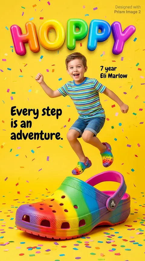 A vibrant children’s footwear advertisement poster featuring a joyful 7-year-old - AI生成图片 1
