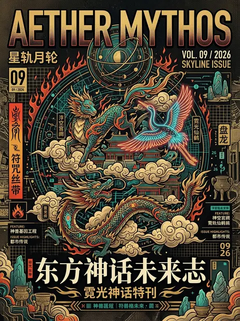 生成一张【极繁主义矢量艺术杂志封面海报】，画幅为【竖版3:4 / 9:16 / 横版16:9】。 主题为【东方神话未来志 / 山海经都市传说 / 赛博仙境杂 - AI生成图片 2