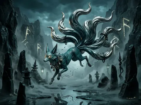 A mysterious claymation stop-motion poster of a mythical nine-tailed fox spirit - AI生成图片 3