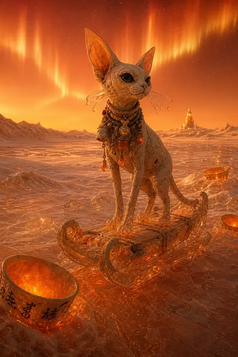 A solitary tea-house cat with elongated ears and glassy whiskers stands atop a w - AI生成图片 3