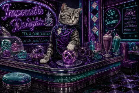 A suspense-soaked cinematic tableau of a refined tea-house cat poised on a chrom - AI生成图片 2