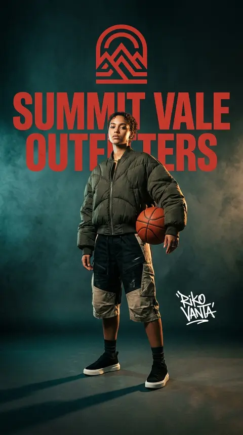 A high-fashion, cinematic concept poster for **Summit Vale Outfitters**. The sce - AI生成图片 3