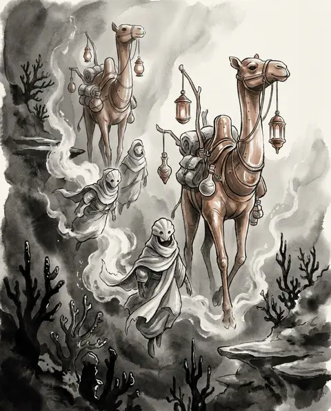 A dreamlike caravan of veiled desert wanderers descending through a vast oceanic - AI生成图片 2