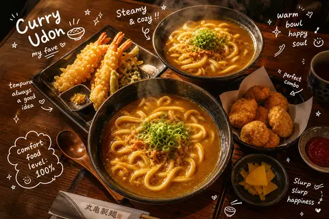 Overhead cinematic food photography of a comforting Japanese curry udon meal set - AI生成图片 1