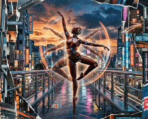 A lacquered-wood robotic ballet dancer frozen mid-pirouette on a rain-slick skyb - AI生成图片 1