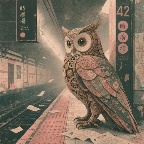 A clockwork owl poised on the edge of a deserted subway platform, its articulate - AI生成图片 2
