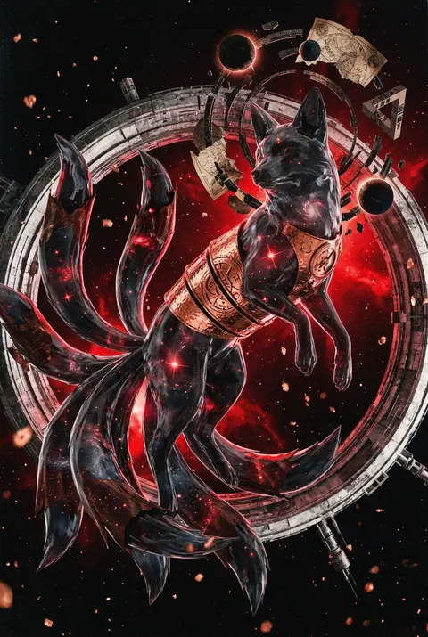 Surrealist photo collage of a mythical nine-tailed fox spirit suspended inside a - AI生成图片 2