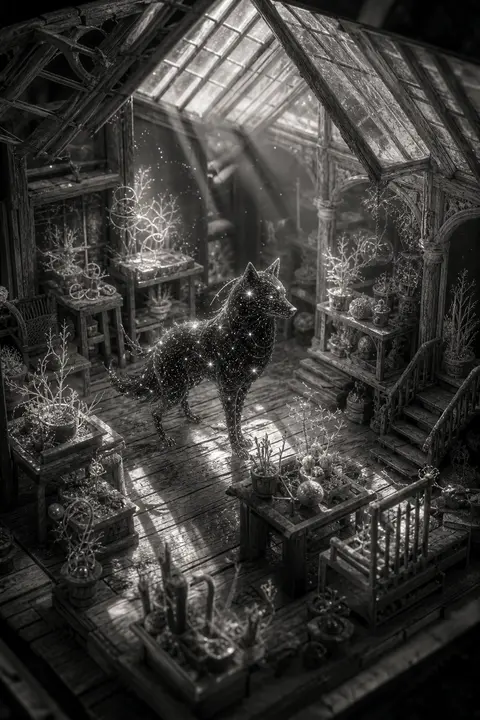 等距微缩场景，一只由星群与细碎天体轨迹编织而成的狼静立在洒满日光的温室中央，身躯轮廓像夜空被雕刻出的生灵，胸腔与四肢间隐约闪烁骨白色星点；周围的一切以风化浮木打 - AI生成图片 2