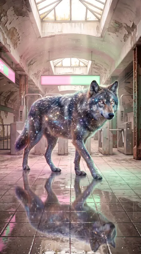 double-exposure photography of a wolf made of constellations prowling an abandon - AI生成图片 1