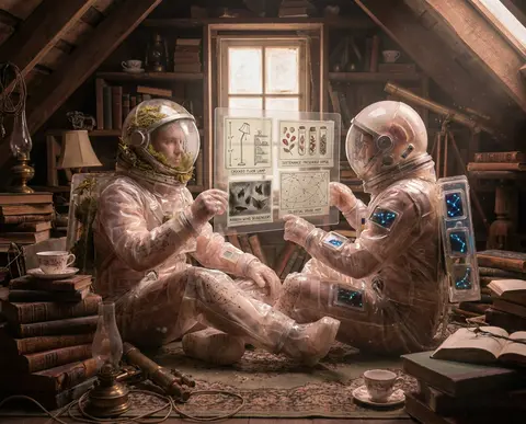 Twin astronaut explorers suspended inside a cozy cluttered attic library, render - AI生成图片 4