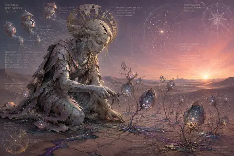 A melancholic blueprint schematic of a celestial gardener kneeling in a dawn des - AI生成图片 1