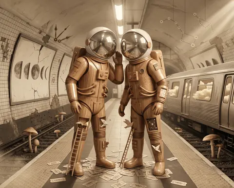 Two twin astronaut explorers with bubble helmets and mischievous body language s - AI生成图片 2