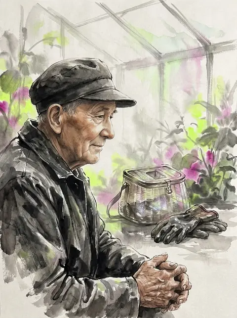 elderly fisherman in a sunlit greenhouse, quiet intimate atmosphere, traditional - AI生成图片 4