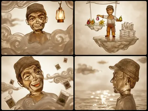 claymation stop-motion collage of a playful market fruit vendor on floating sky - AI生成图片 4
