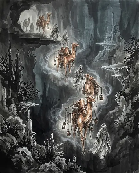 A dreamlike caravan of veiled desert wanderers descending through a vast oceanic - AI生成图片 1