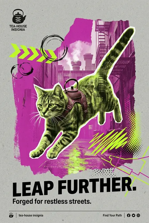 A monumental double-exposure campaign collage centered on a nimble tea-house cat - AI生成图片 4