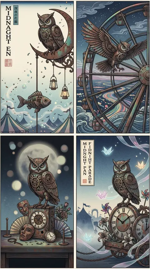 四联屏2x2拼贴展示，细窄米白分隔线，整体像午夜嘉年华主题的版画艺廊墙，统一采用浮世绘木版画语言，超精细雕版纹理、层层套印、纸张纤维可见、构图考究、展陈级完成度 - AI生成图片 1
