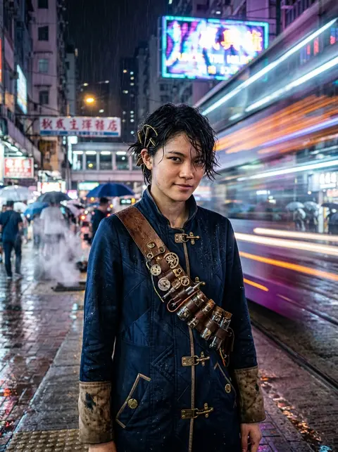 A razor-focused street portrait of a teenage clockwork prodigy paused beneath a - AI生成图片 2
