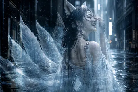 ultra-photorealistic double-exposure portrait of a mythical nine-tailed fox spir - AI生成图片 1