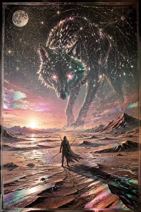 A tense cinematic scene rendered as a holographic foil print on lacquered wood: - AI生成图片 1