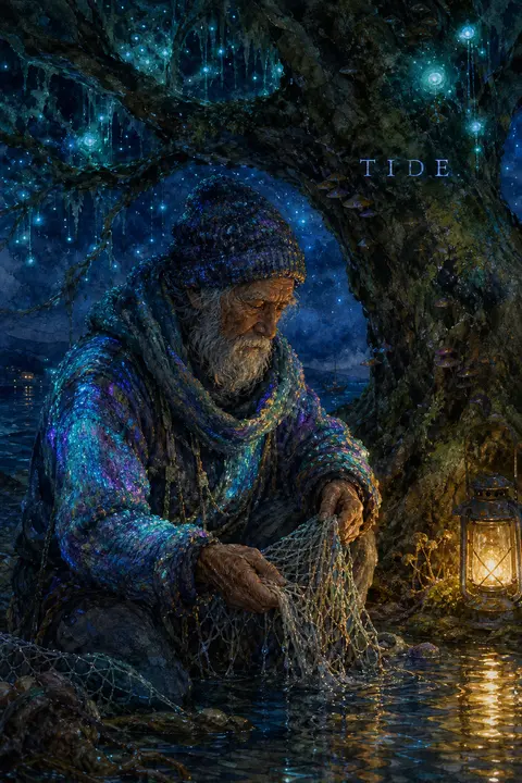 Elderly fisherman paused beneath a bioluminescent night forest canopy, wrapped i - AI生成图片 2