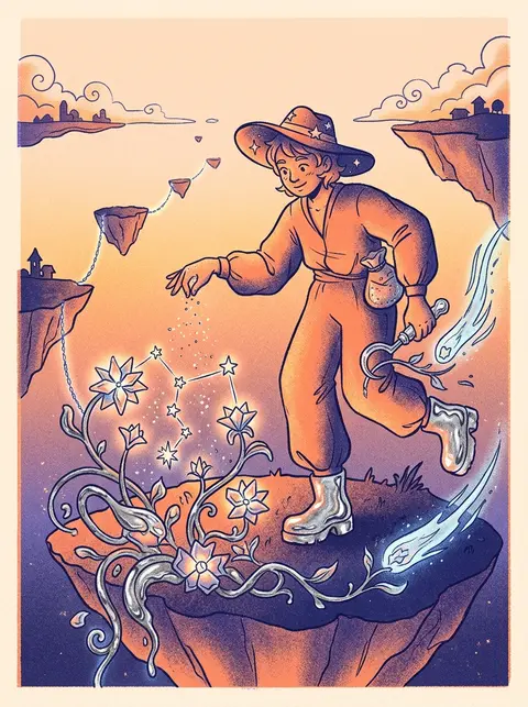 A playful celestial gardener on a chain of floating sky islands, delicately tend - AI生成图片 2