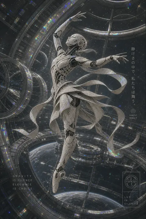 A robotic ballet dancer suspended in a vast orbital space station atrium, drifti - AI生成图片 1