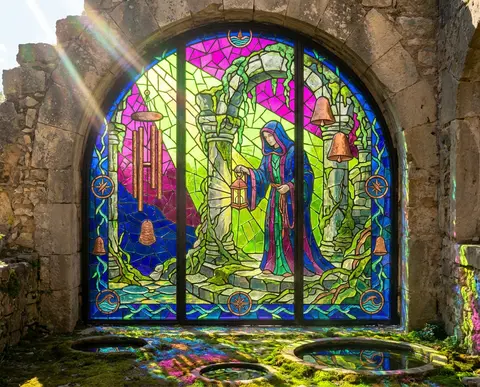 sunlit stained-glass mosaic of a lone lighthouse keeper in ancient moss-covered - AI生成图片 2