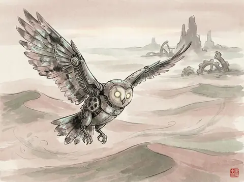 A mysterious and eerie traditional ink wash painting of a clockwork owl emerging - AI生成图片 2