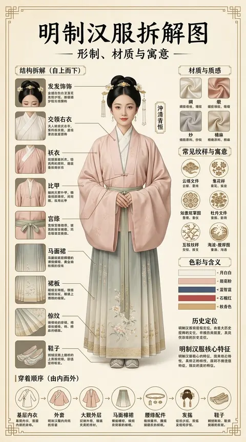 一张超高细节的中文古风服饰科普信息图海报，主题为“明制汉服拆解图”，竖版对称构图，米白色旧纸背景，带轻微做旧纹理与宣纸纤维质感，整体色调温柔淡雅，以月白、藕粉、 - AI生成图片 4