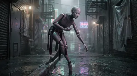 An intimate, quiet double-exposure portrait of a robotic ballet dancer paused in - AI生成图片 1
