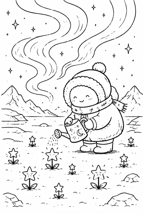 A cheerful celestial gardener in a frozen tundra beneath rippling aurora, loving - AI生成图片 1