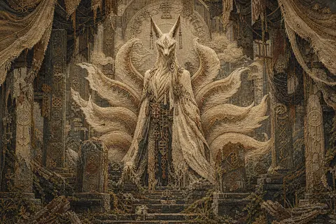 一只神话般的九尾狐灵立于坍塌的古老神殿中央，姿态如征服者般庄严，九条巨尾在身后层层展开，像被岁月供奉的旌旗与光环；残破石阶、倾斜石柱、爬满厚重苔藓的祭坛环绕四周 - AI生成图片 1