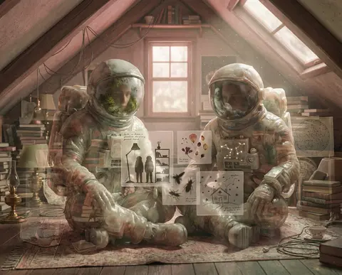 Twin astronaut explorers suspended inside a cozy cluttered attic library, render - AI生成图片 1