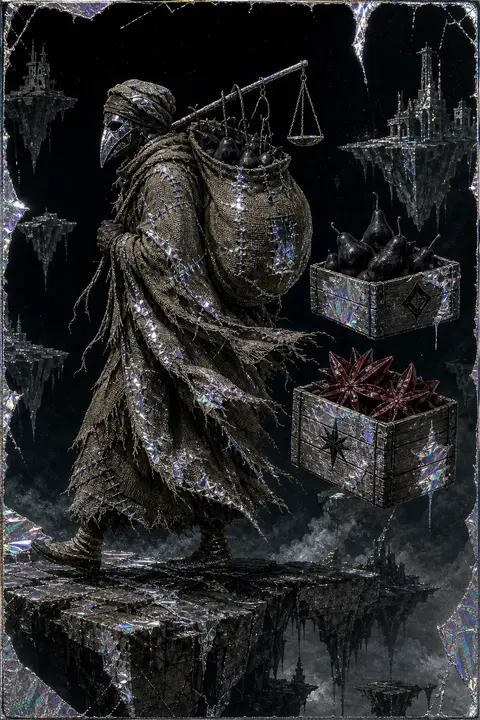 A masked spice peddler in profile drifting left across a chain of fractured sky - AI生成图片 1