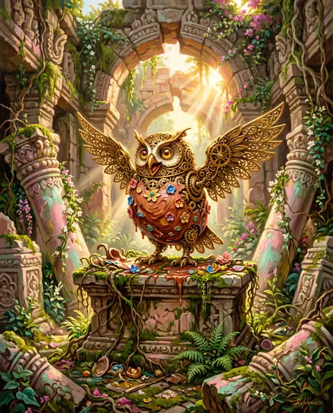A jubilant clockwork owl with filigreed brass wings perches atop a crumbling alt - AI生成图片 1