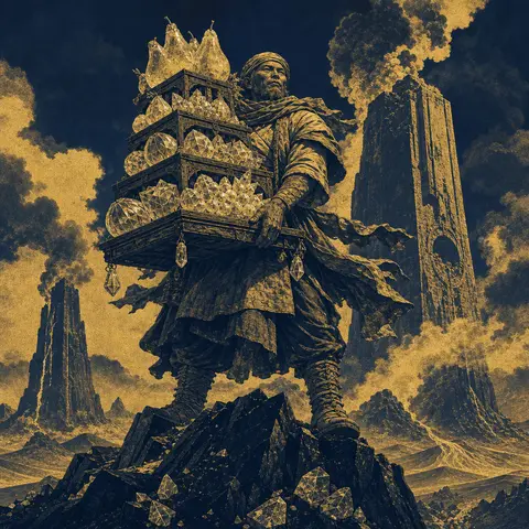 Full-body depiction of a weathered fruit vendor standing atop a jagged obsidian - AI生成图片 2