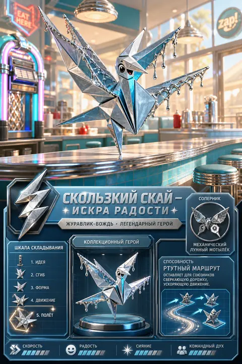 Оживший бумажный журавлик по имени «Скользкий Скай — Искра Радости» танцует на с - AI生成图片 2