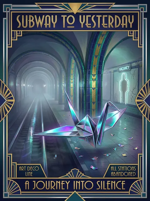 A dreamlike art deco travel poster of a sentient origami crane gliding with sere - AI生成图片 3