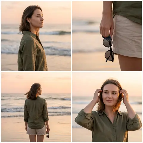 Ultra-realistic DSLR cinematic beach photoshoot collage featuring the SAME girl - AI生成图片 3