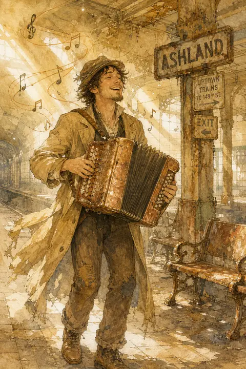 watercolor storybook illustration of a wandering street musician on an abandoned - AI生成图片 2
