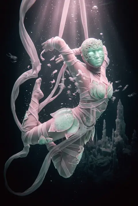 A masked carnival acrobat drifts alone in a lightless ocean trench, suspended mi - AI生成图片 4