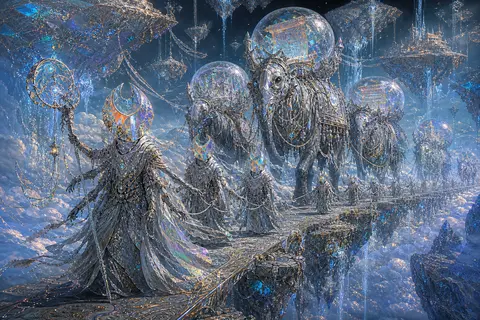 A spectral desert nomad caravan traversing a chain of floating sky islands above - AI生成图片 1