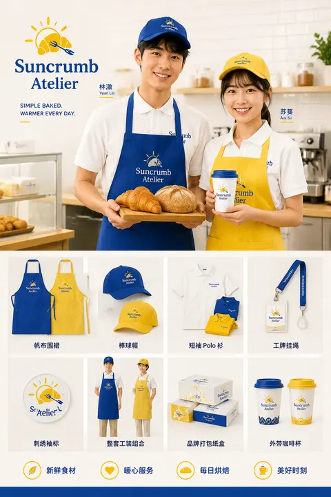 品牌 VI 工装版式展板，烘焙店 `Suncrumb Atelier` 全套视觉物料展示，明亮克莱因蓝与暖蜂蜜黄高对比主色调，干净 `ins` 风商业品牌设计主 - AI生成图片 2