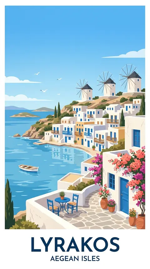 一张复古旅行海报风格的爱琴海虚构海岛“Lyrakos”海景插画，竖版构图，干净的中世纪现代主义平面插画风，柔和粉彩配色，高饱和但不刺眼，大片纯净天空蓝与海湾深浅 - AI生成图片 3