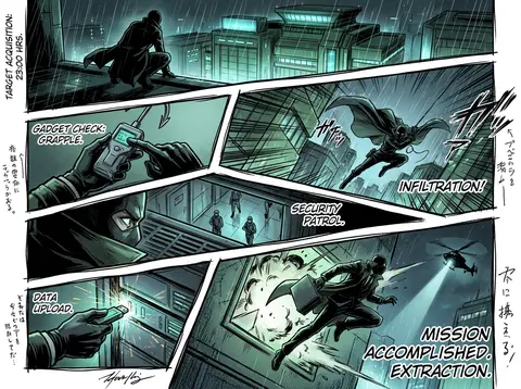Full-page colored manga illustration of a secret spy mission. 5–7 dynamic panels - AI生成图片 1