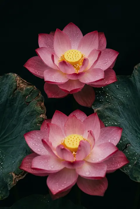 Vertical macro flower photography, two double-pink lotus flowers, rose-red petal - AI生成图片 2